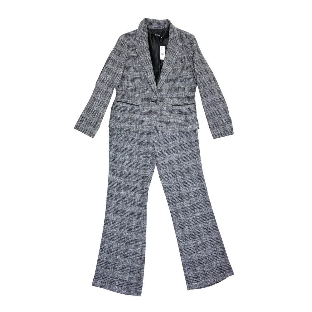 New York Co Grey Plaid Straight Wide Leg Dress Pantsuit Size 14 Office Blazer
